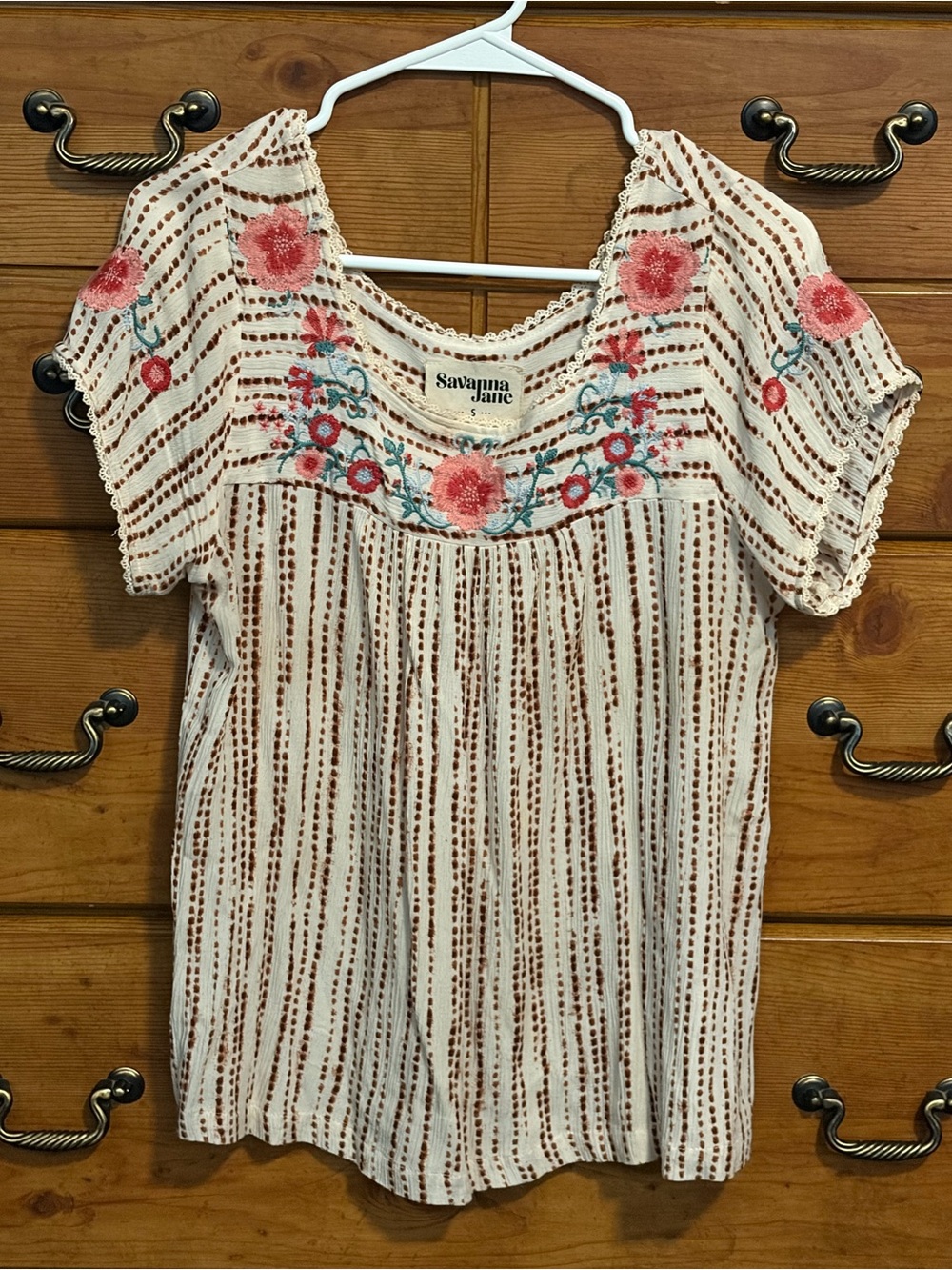Savanna Jane Cream Boho Embroidered Floral Short Sleeve Blouse